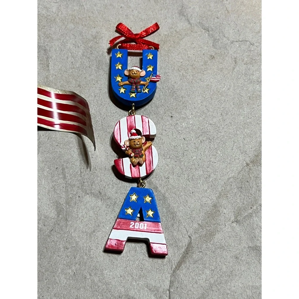 AGC Inc. OS Patriotic Ornaments Red White Blue Metal Santa USA 2001 Mice Set 2